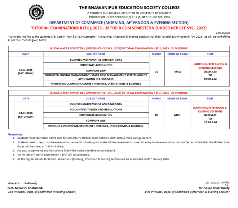 B.Com Semester V Tutorial Exam Schedule 2025 | PDF