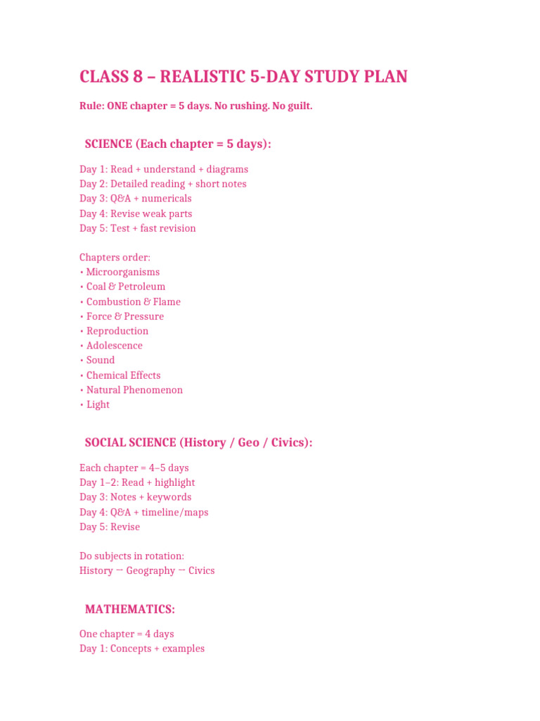 Class 8 5 Day Realistic Study Plan PINK | PDF