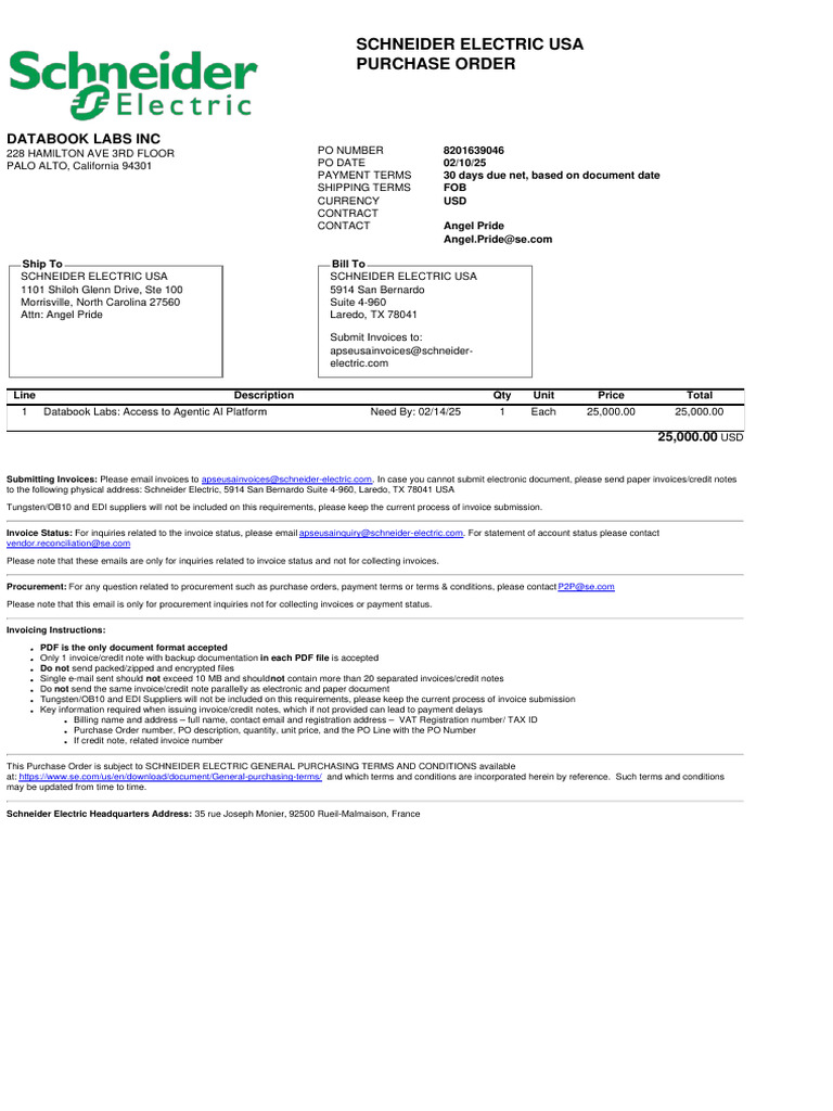 Schneider Electric Usa Purchase Order: Databook Labs Inc | PDF | Invoice