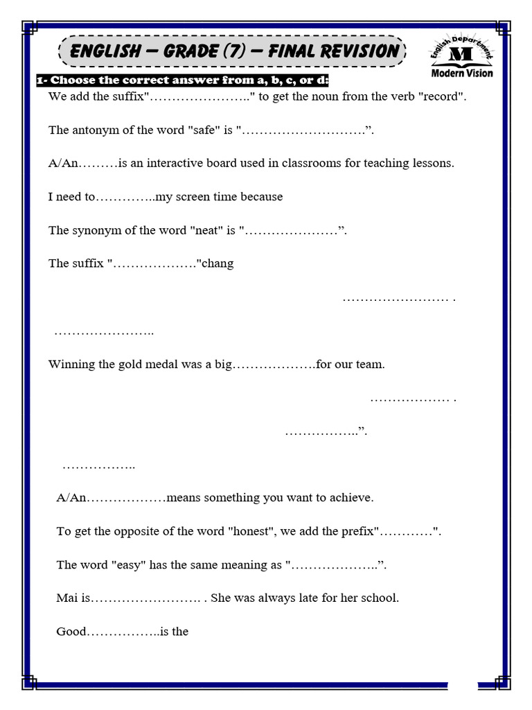 Grade 7 - First Term - Final Revision Sheet - Model Answers | PDF ...