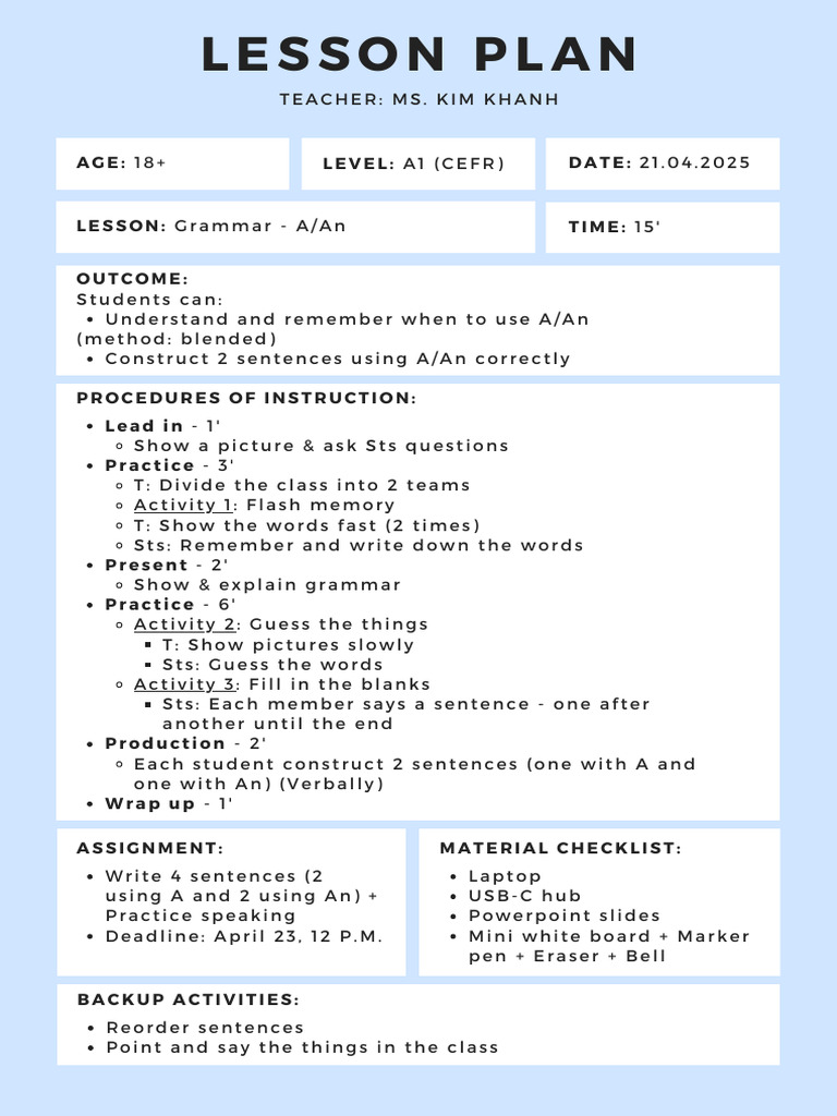 A/An Grammar Lesson Plan for A1 Students | PDF