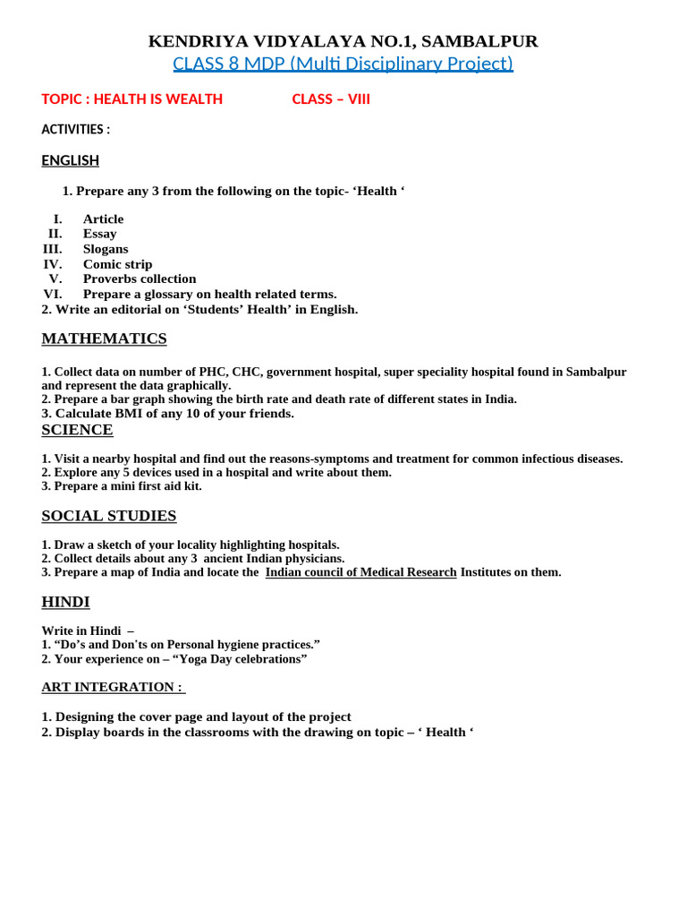 Class 8 Health Project Guidelines | PDF