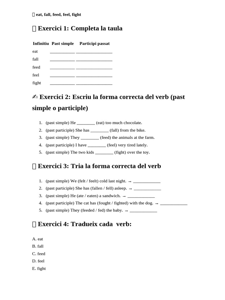 Verb Forms Exercise: Eat, Fall, Feed, Feel, Fight | PDF