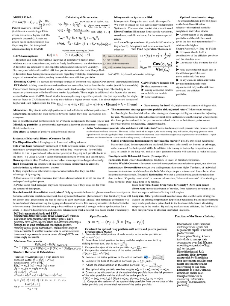 Finance Cheat Sheet for Exam (1) | PDF | Investing | Mutual Funds