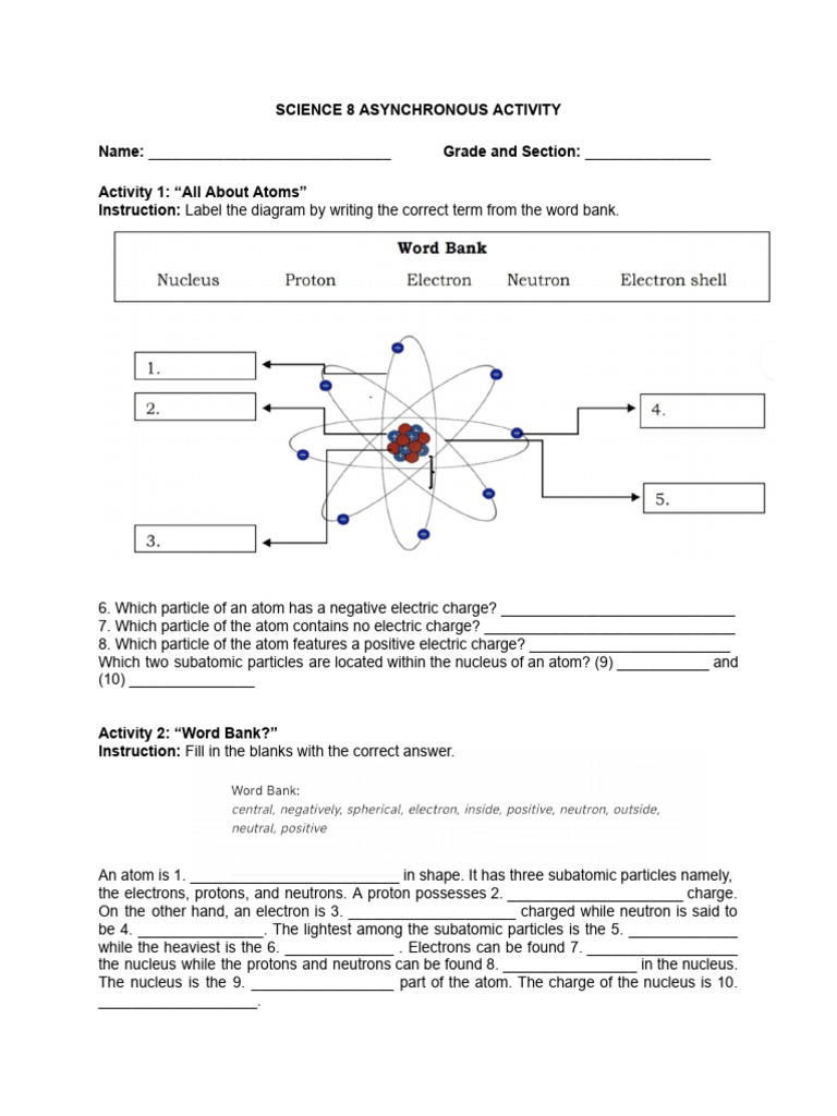 Atoms and Subatomic Particles Activity | PDF | Atoms | Atomic Nucleus