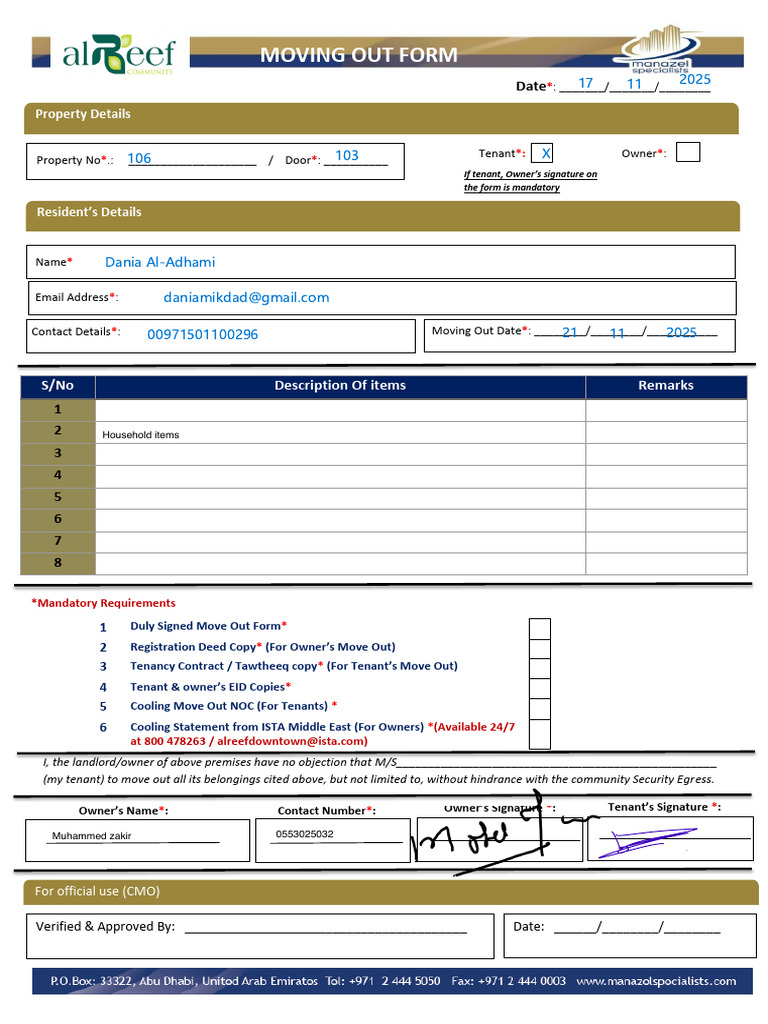 Move Out Form Requirements Checklist | PDF