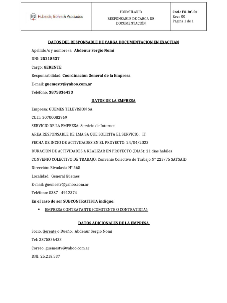 Fo-Rc-O1 Formulario Exactian Ganfeng | PDF