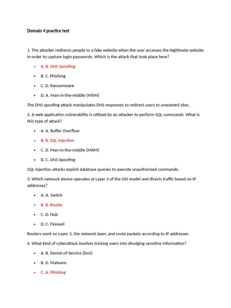 Domain 4 Cybersecurity Practice Test | PDF | Computer Network | Security