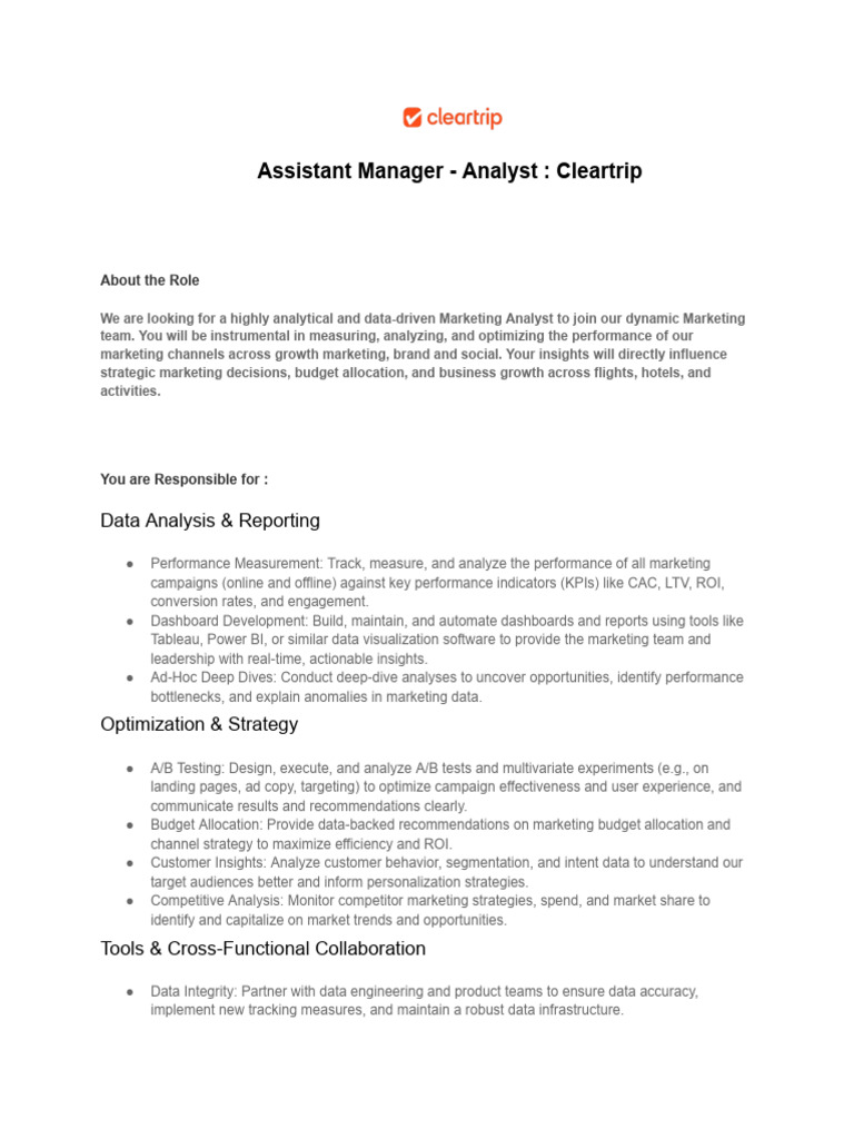Assistant Manager - Analyst _ Cleartrip | PDF | Data | Marketing