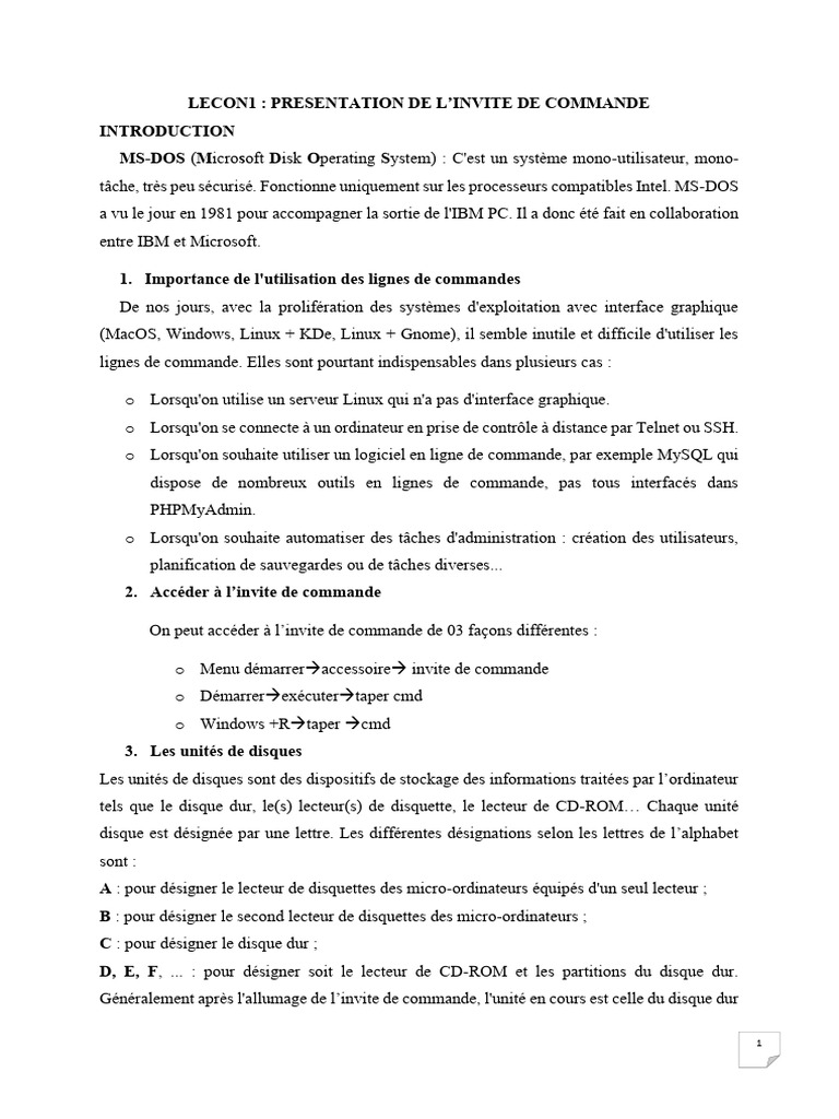 Introduction à l'invite de commande MS-DOS | PDF | Linux | Interface en ...