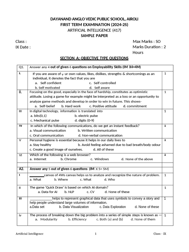 Class IX AI Sample Paper 2024-25 | PDF | Artificial Intelligence ...