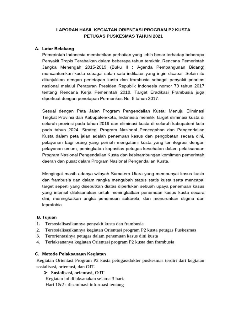 Laporan Orientasi Program P2 Kusta 2021 | PDF