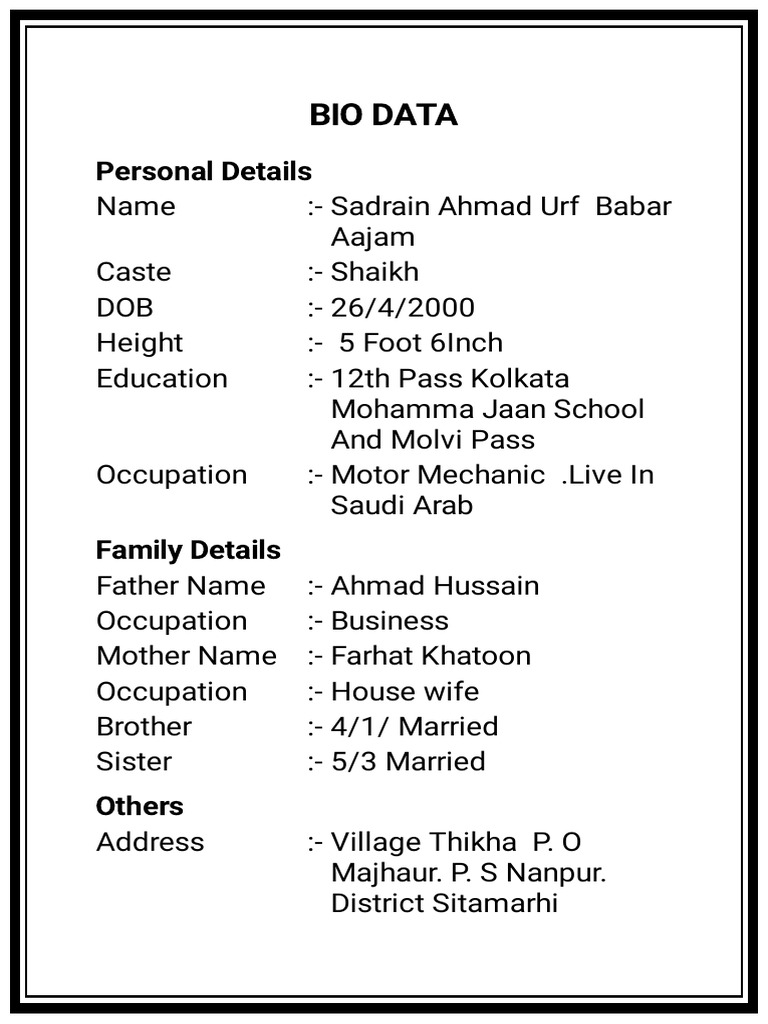Sadrain Ahmad Urf Babar Bio Data | PDF