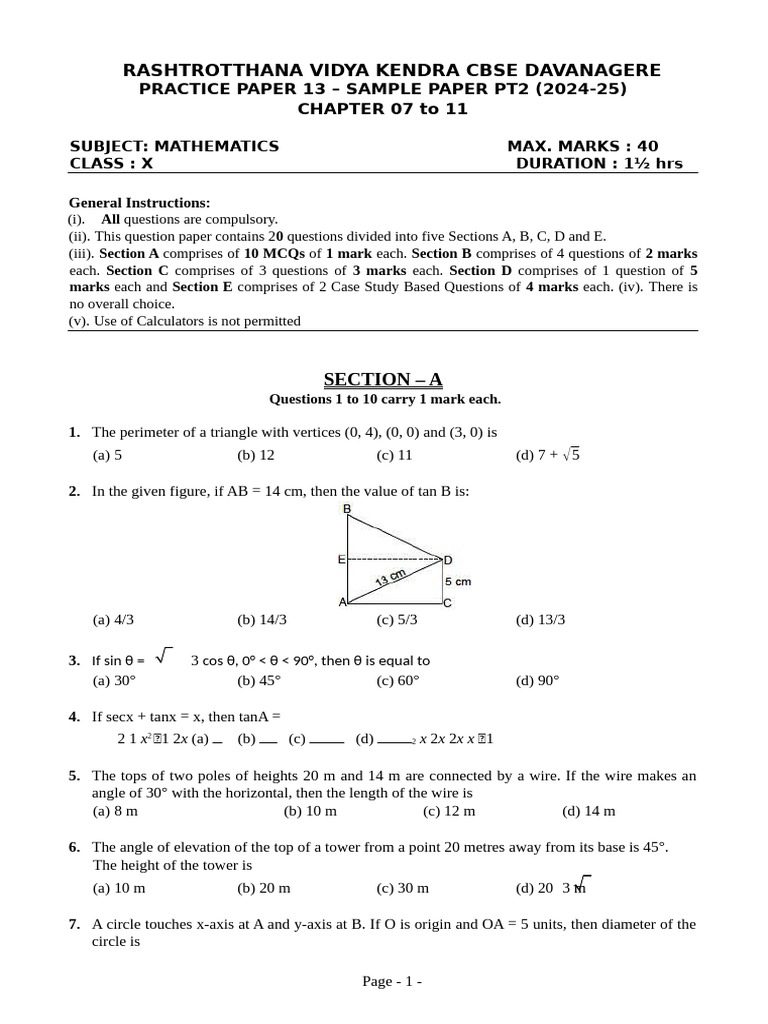 Class X Mathematics Sample Paper 2024-25 | PDF | Elementary Geometry ...