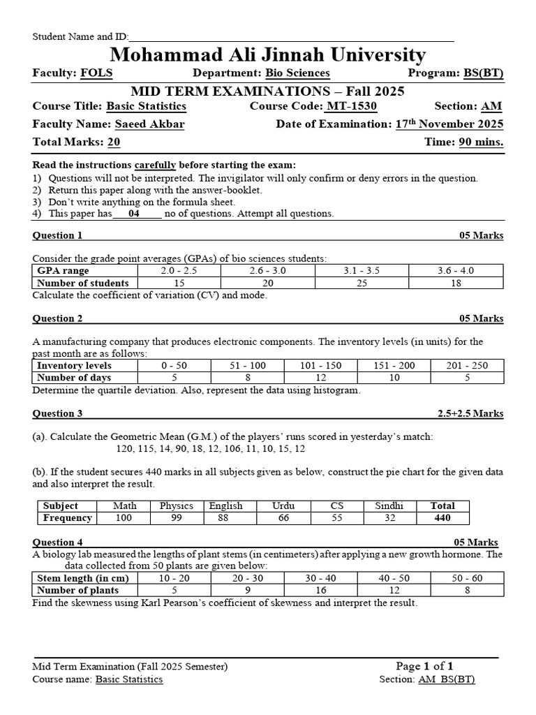 Basic Statistics Midterm Exam 2025 | PDF | Skewness | Coefficient Of ...