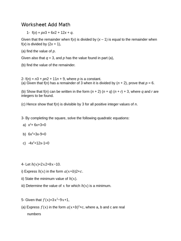 Worksheet Add Math | PDF