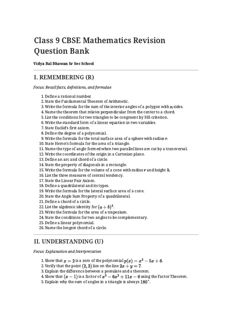 Class 9 CBSE Math Revision Guide | PDF | Area | Circle