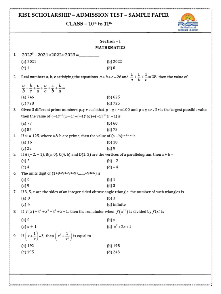 RISE Scholarship Admission Test Sample Paper | PDF