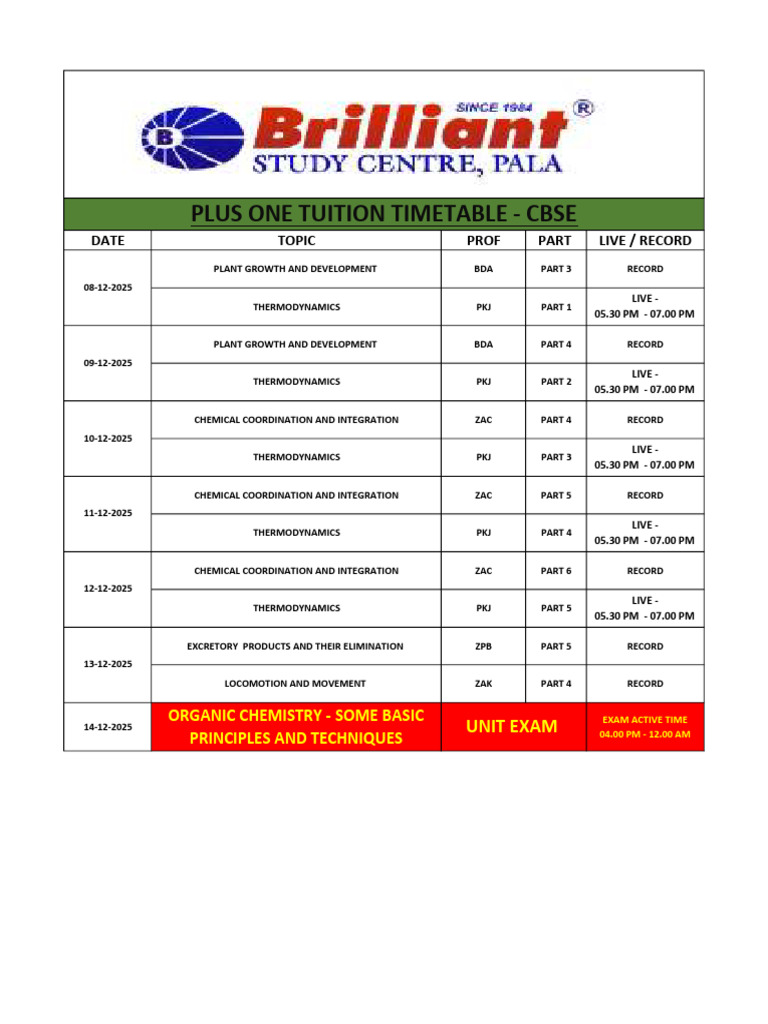 +1 Tuition Shedule (Cbse) - 28 | PDF
