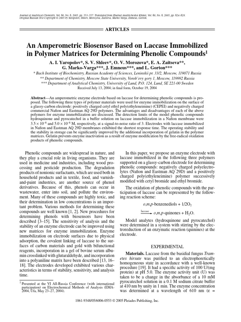 An Amperometric Biosensor Based On Laccase Immobilized in Polymer ...