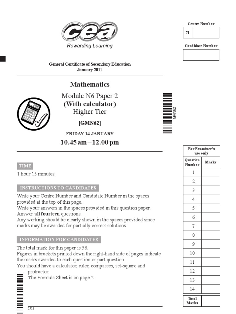 GCSE MATH Two Tier PP January 2011 Higher Tier Module N6 Paper 2 7919 ...