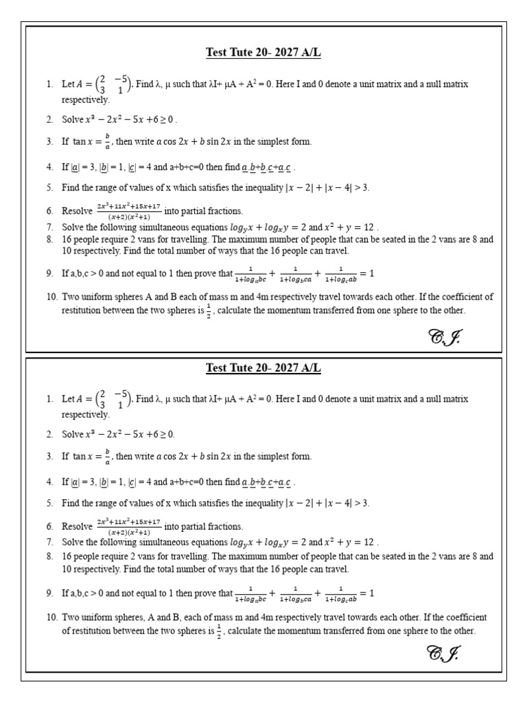 A/L Mathematics Test Questions 2027 | PDF | Numbers | Inequality ...