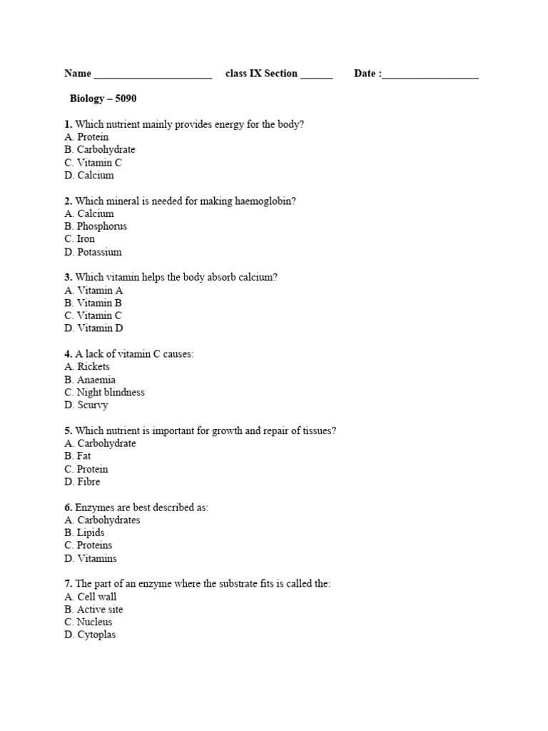 Biology Nutrients and Enzymes Quiz | PDF | Enzyme | Vitamin