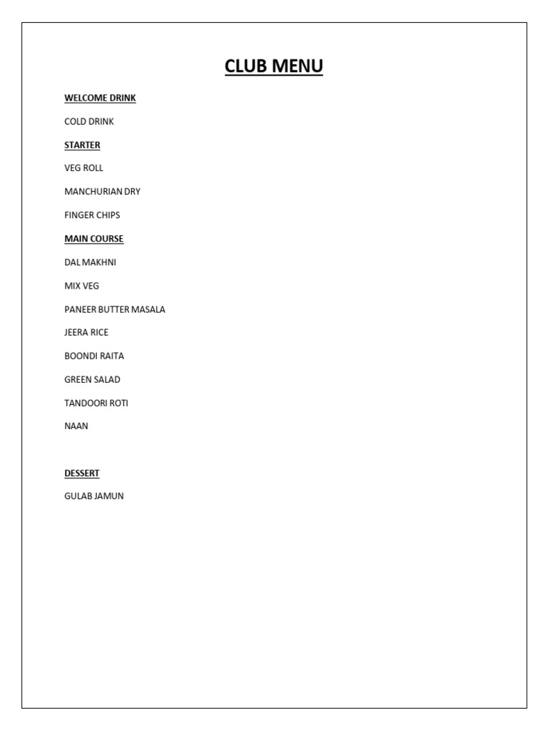 Club Menu: Drinks, Starters, & Desserts | PDF