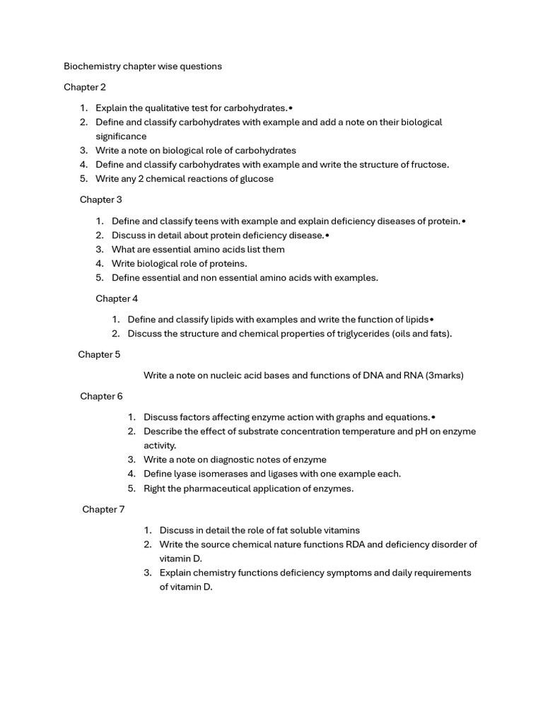 Biochemistry Chapter Questions and Topics | PDF | Biochemistry | Chemistry