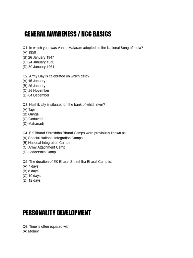 NCC Basics and General Awareness Quiz | PDF | Communication | Oceans