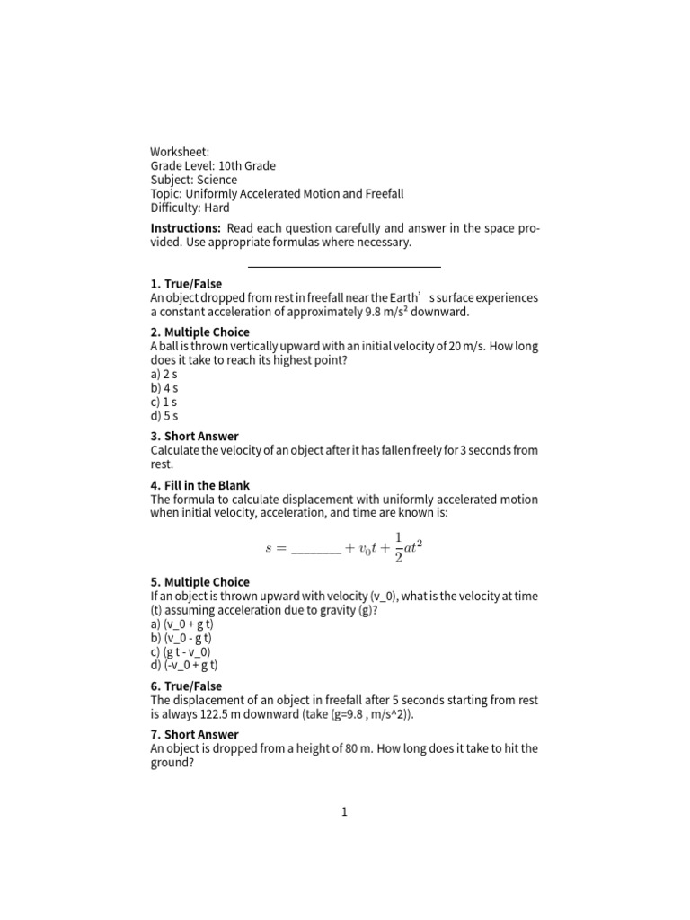 10th Grade Science: Freefall & Motion Worksheet | PDF | Acceleration ...