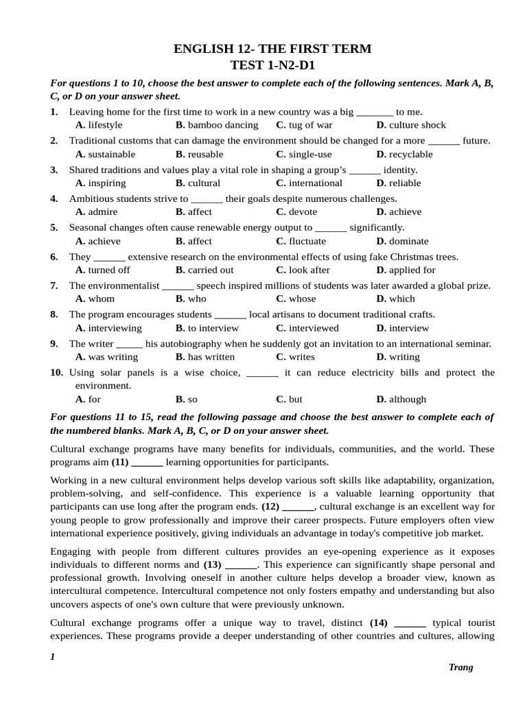 English 12 First Term Test N2-D1 | PDF | Green Growth | Sustainable City