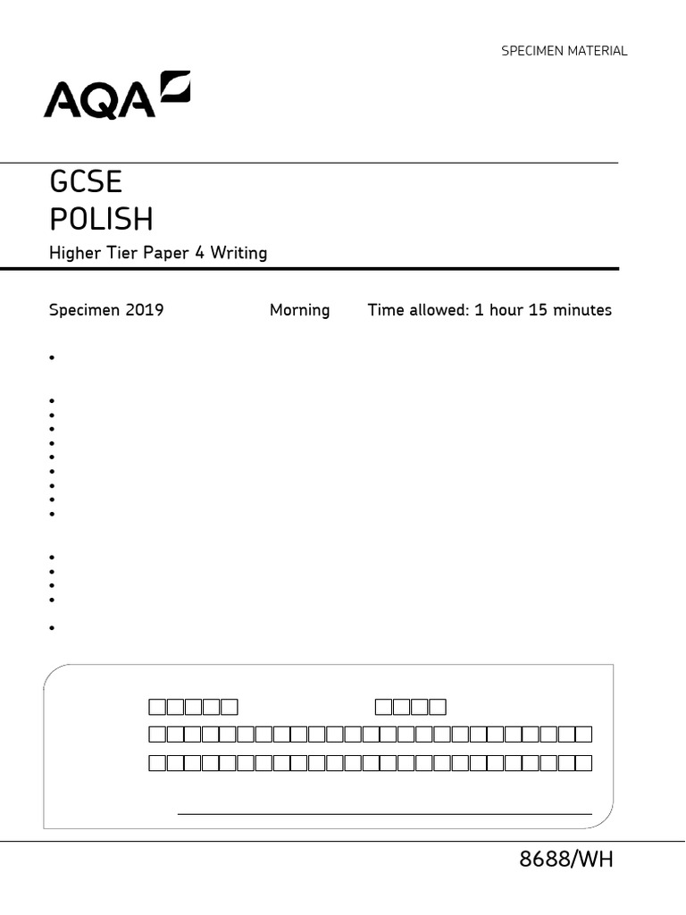 GCSE Polish Writing Specimen (Higher 2019) | PDF