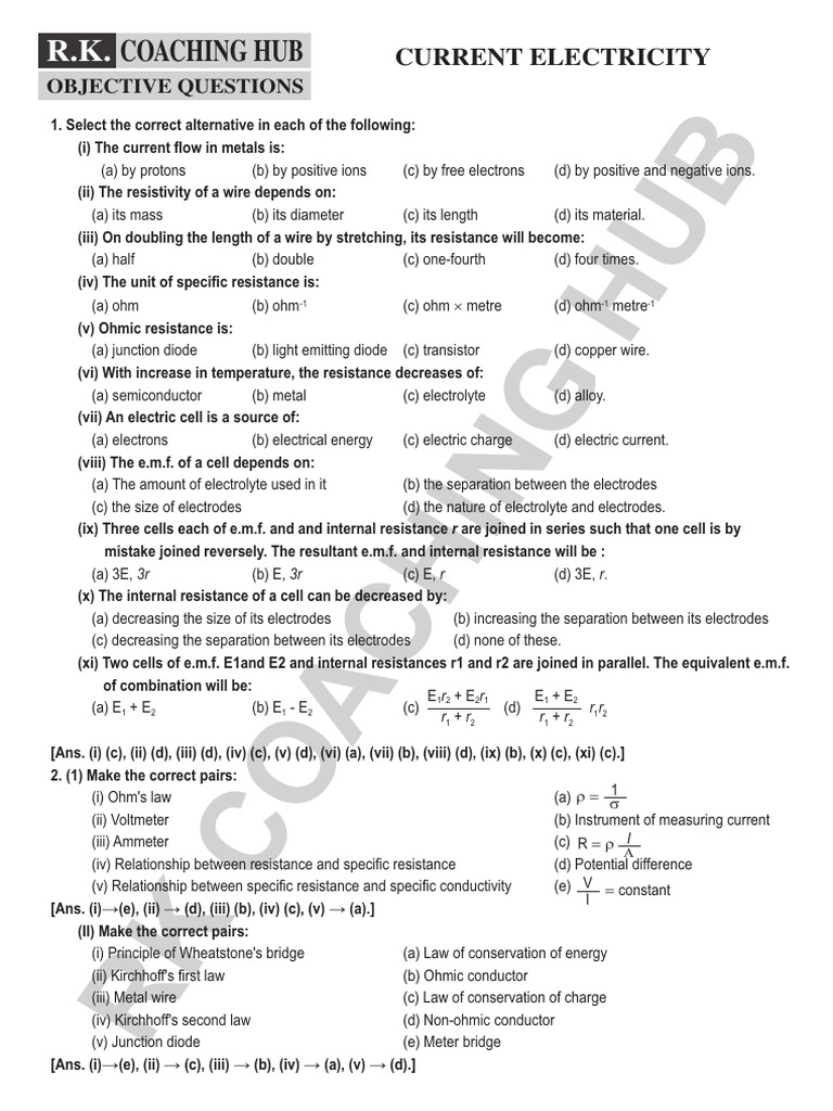 Current Electricity Objective Questions | PDF | Voltage | Electric Current