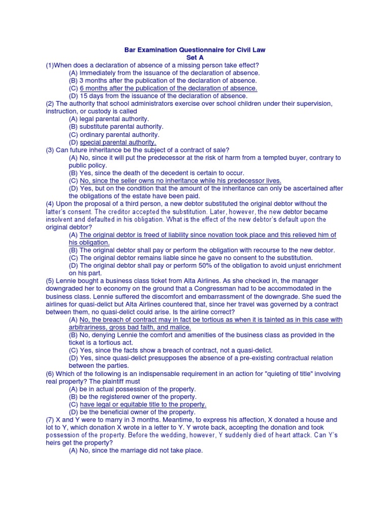 Civil Law Bar Exam Questionnaire Set A | PDF | Mortgage Law | Marriage