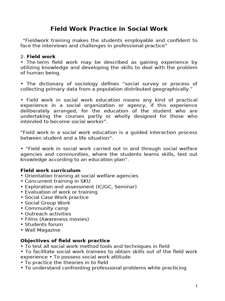 Field Work Practices in Social Work | PDF | Evaluation | Social Work