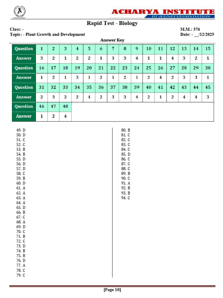 05_XI_Plant Growth and Development_Answer Key | PDF