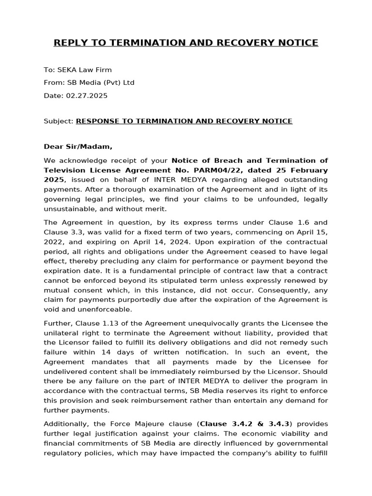 Response To Termination and Recovery Notice 1 | PDF | Law Of ...