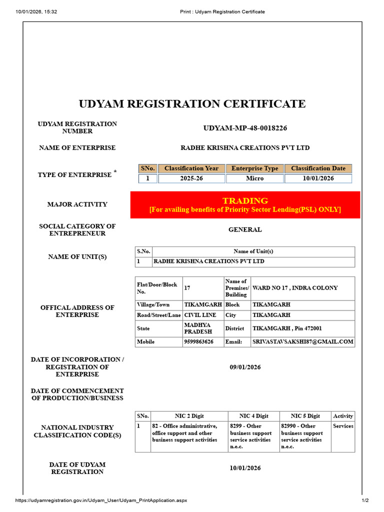 Udyam Registration for Radhe Krishna Pvt Ltd | PDF