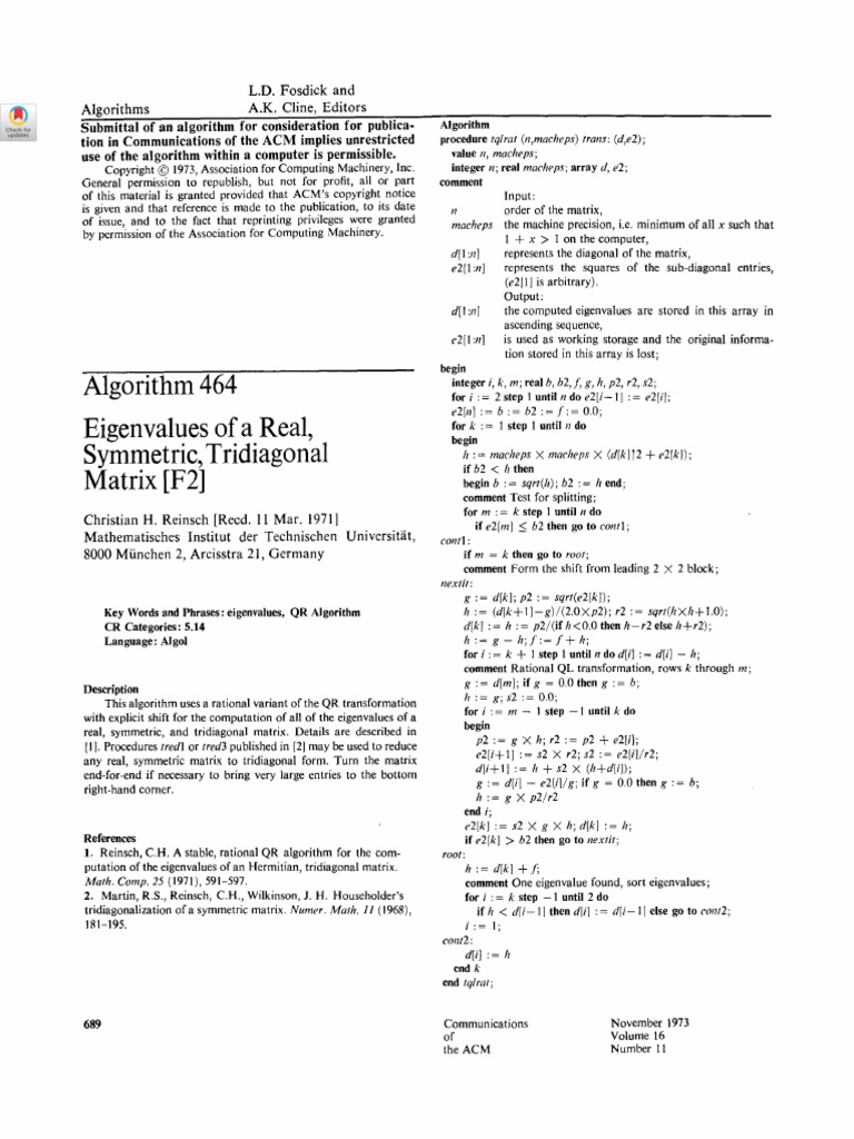 Algorithm 464 Eigenvalues of A Real, Symmetric, Tridiagonal Matrix (F2 ...