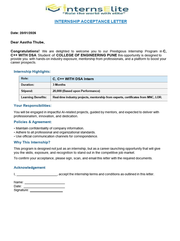 Internship Acceptance Letter for C/C++ DSA | PDF