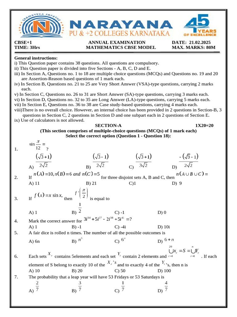 CBSE Class 11 Math Model Paper 2025 | PDF | Complex Number | Mathematics