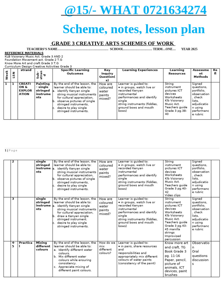 Grade 3 Creative Arts Lesson Plan | PDF | Rhythm | String Instruments