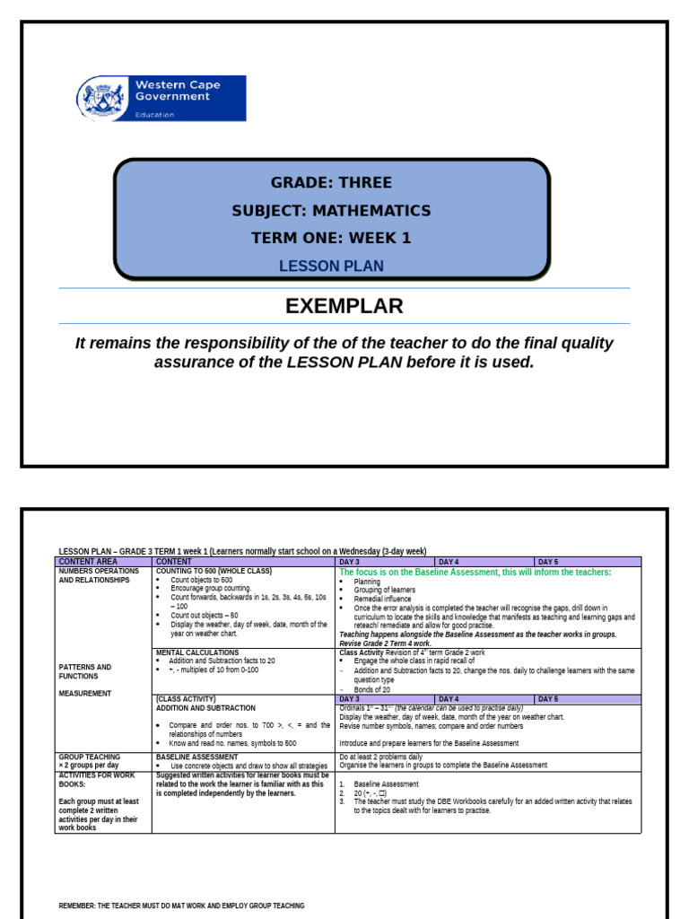 Grade 3 Mathematics Lesson Plan Week 1 | PDF | Lesson Plan | Teachers