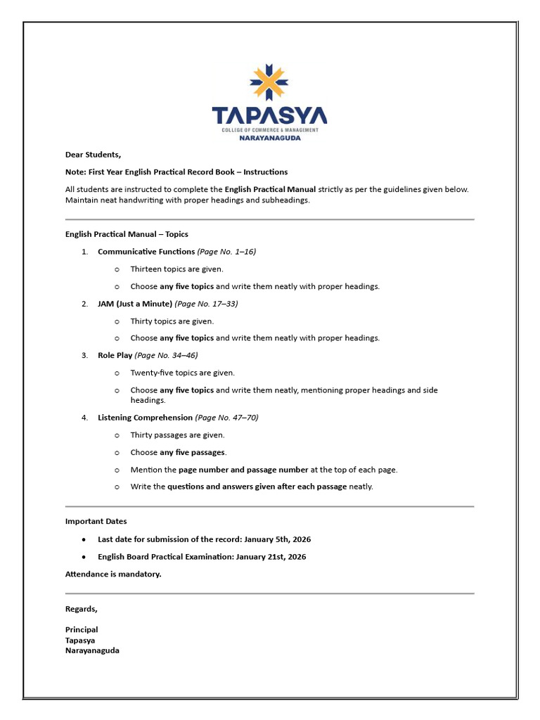 First Year English Practical Instructions | PDF