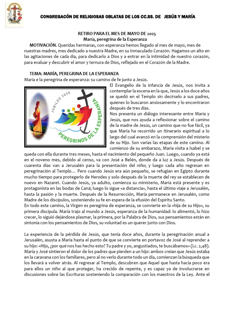 Retiro Oblato: María, Esperanza y Fe | PDF | María, madre de Jesús | Jesús
