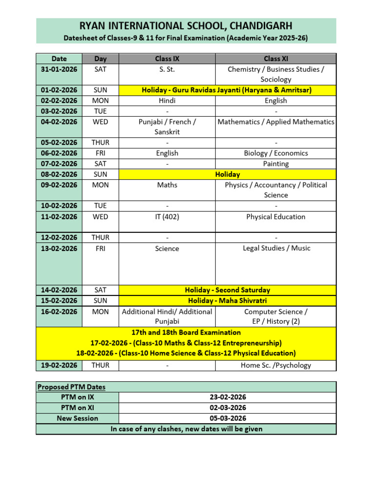 Final Exam Datesheet for Classes IX & XI | PDF