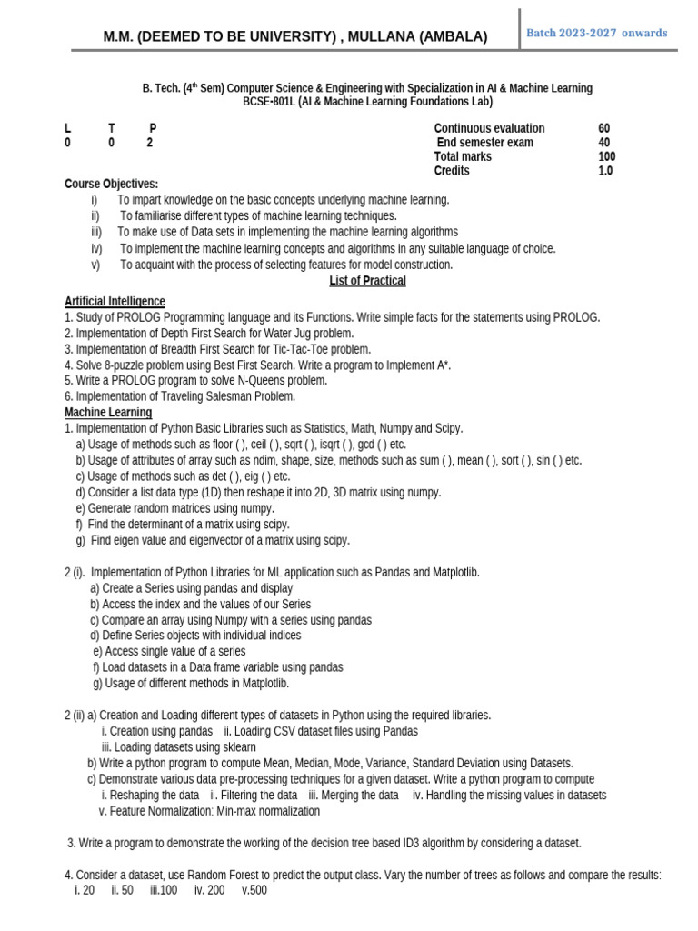 AI & ML Foundations Lab Syllabus | PDF | Machine Learning | Support ...