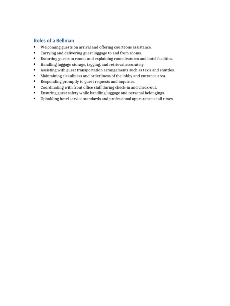Essential Duties of a Hotel Bellman | PDF