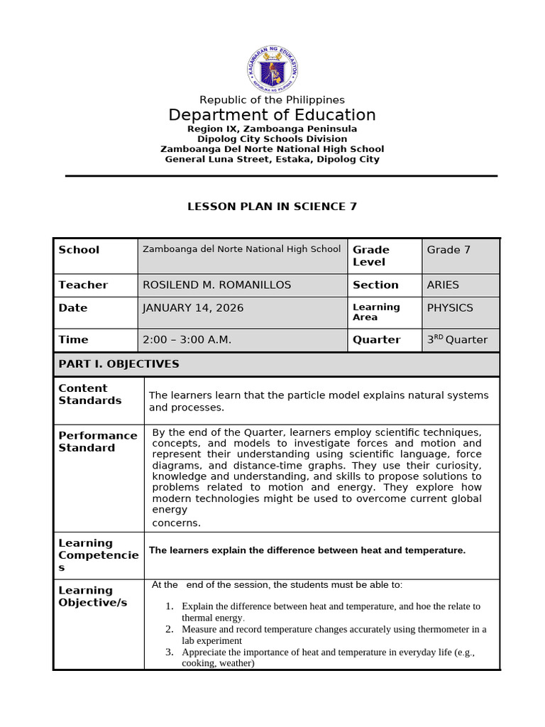 Science 7 Lesson Plan: Heat & Temperature | PDF | Temperature | Heat
